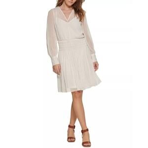 NWT Calvin Klein Women's Metallic Smocked Blouson Mini Dress Size 4 White Silver